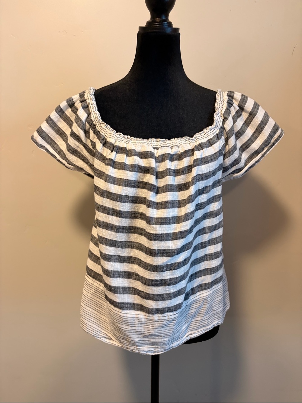 Lucky Brand Striped Smocked Off Shoulder Peasant Blouse Top M